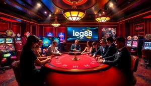 Exciting players at a poker table in a luxury casino, highlighting lego138 online gambling action.