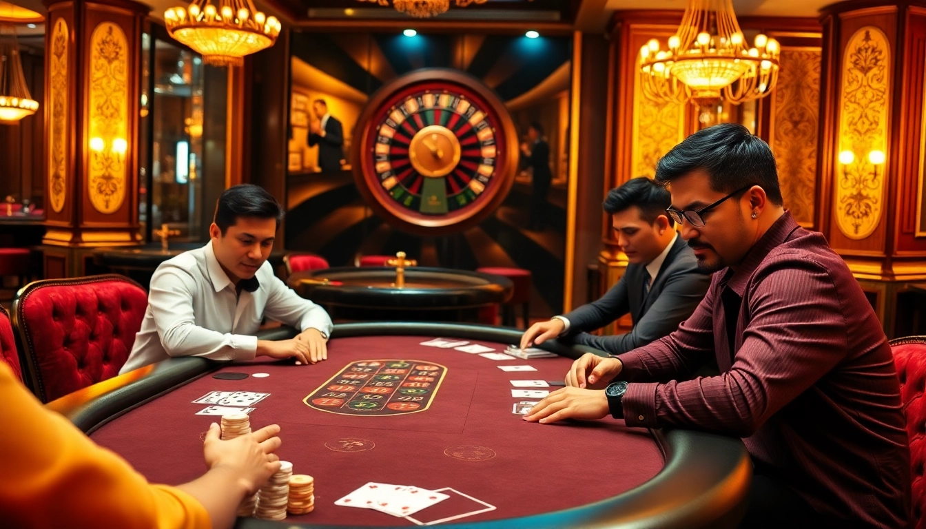 Players enjoying a thrilling poker game at an lc88 casino, showcasing excitement and luxury.