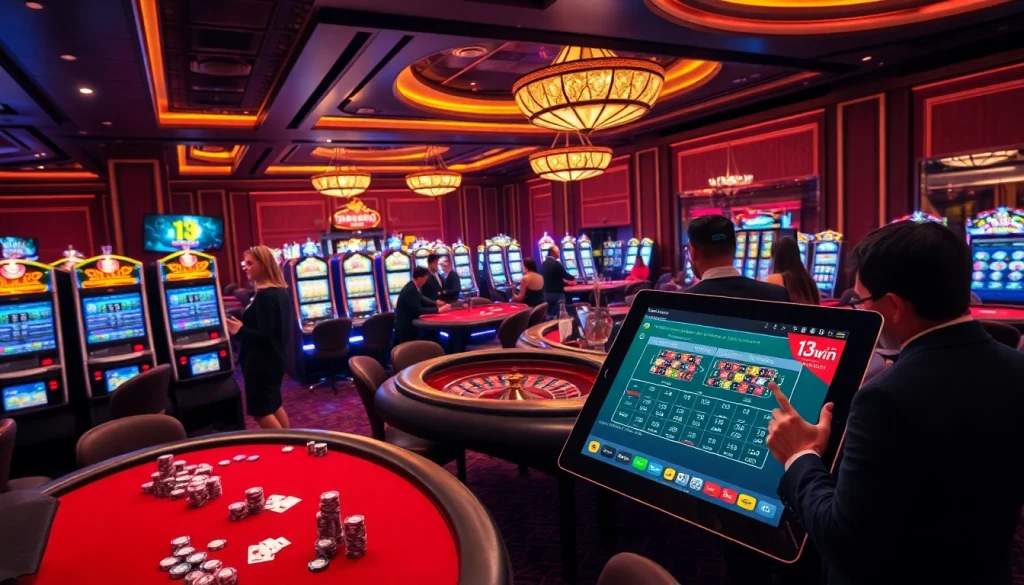Players enjoying thrilling games at the upscale 13win casino with vibrant slot machines.