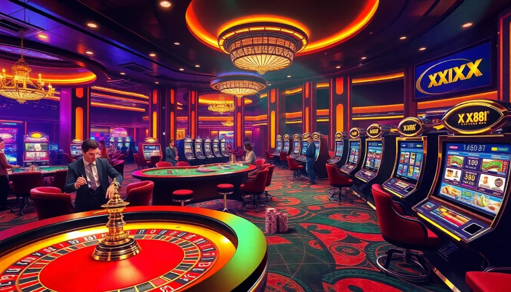 Players experience thrilling games at xx88's luxurious casino, with vibrant roulette and poker action.