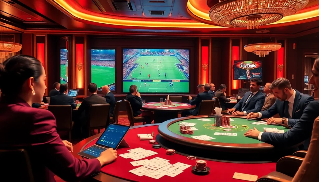 Experience high-stakes gambling with keonhacai5 in a luxurious casino setting, featuring tables, betting slips, and live sports broadcasts.