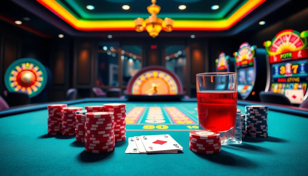Experience the excitement of online gambling at https://daga88.free/ with vibrant casino visuals featuring poker chips and cards.