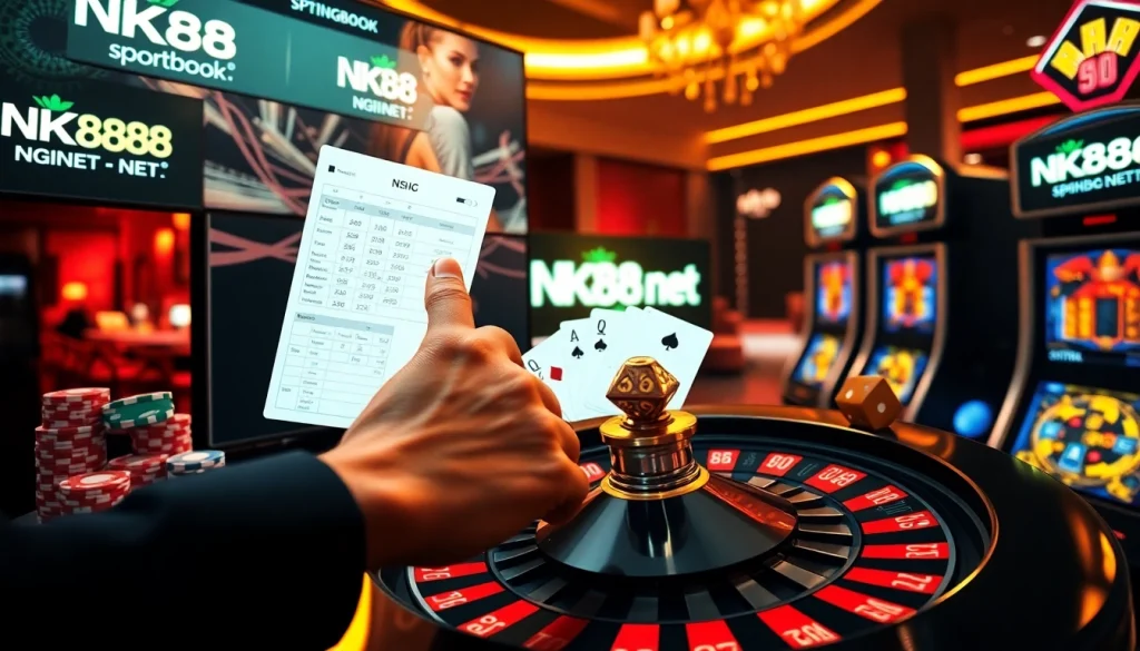 Player strategically placing bets on NK88 net digital sportsbook with poker chips and roulette wheel