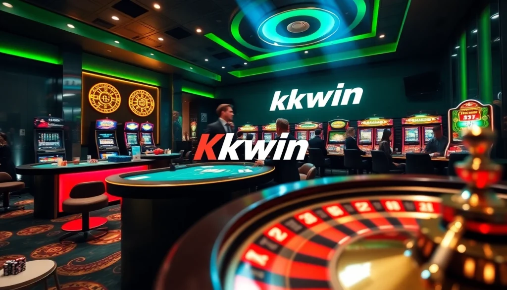 Kkwin players engaging in exciting casino games with vibrant slot machines and a roulette table.