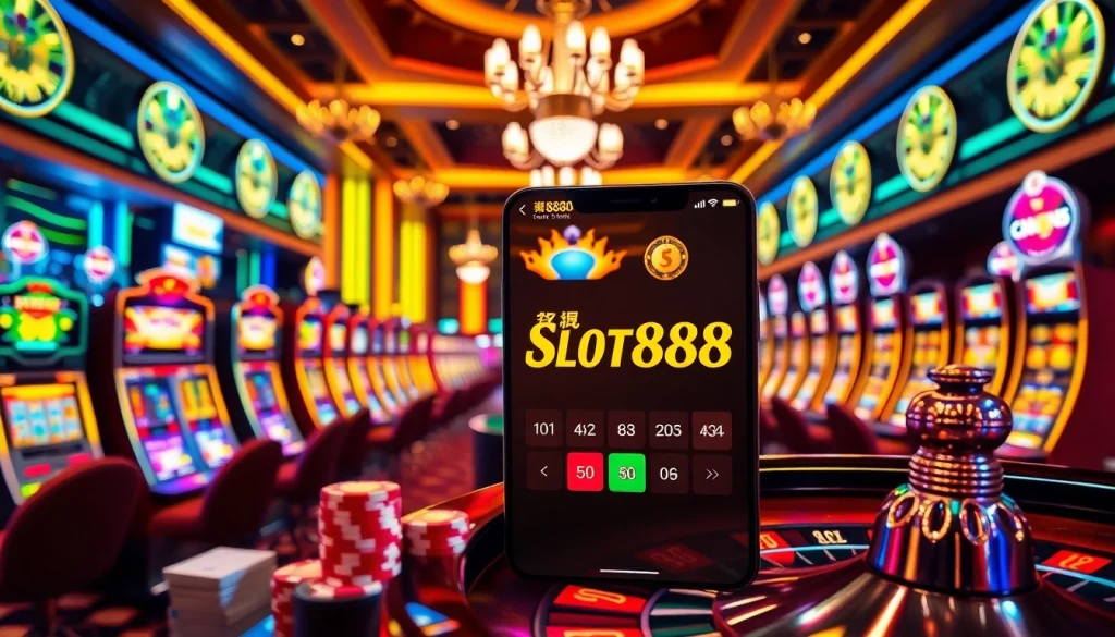Engaging gamblers with the excitement of เว็บตรง SLOT888 in a luxurious casino scene featuring vibrant slots and poker chips.