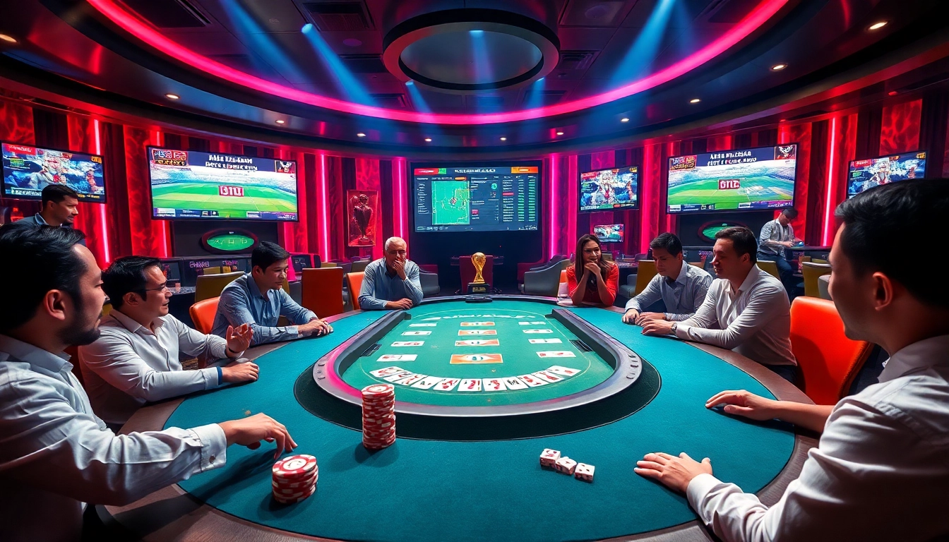Exciting Taruhan Bola betting atmosphere with poker chips and screens displaying live soccer matches.