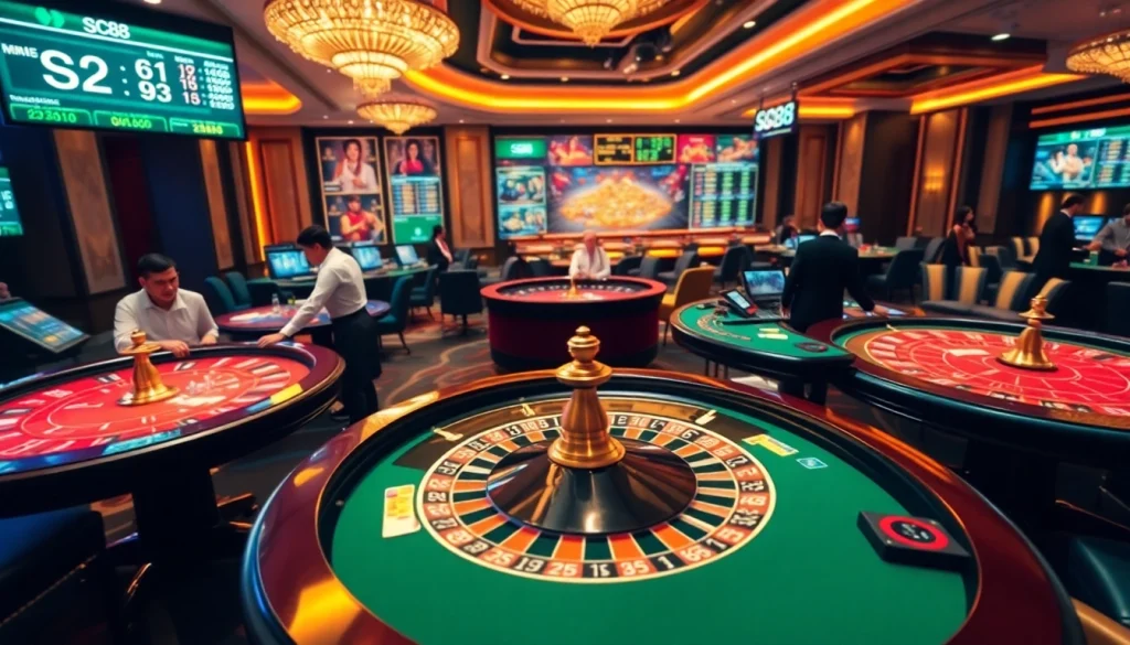 Experience the excitement of SC88 with vibrant casino elements featuring tables, cards, and wheels.