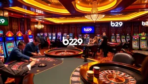 B29 logo shines amidst a vibrant casino scene with poker tables and slot machines, showcasing excitement and luxury.