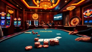 Engaging scene showcasing Nhà cái uy tín at a luxurious poker table with high-stake cards and chips.