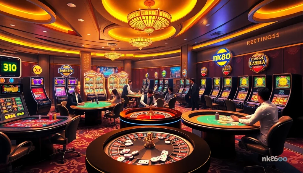 Engaging casino players strategically betting at tables from https://nk88.boo/ with vibrant slot machines in the backdrop.