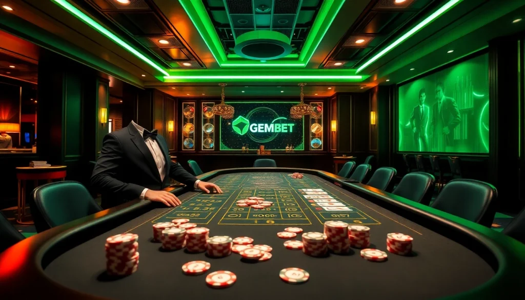 GemBet casino table with elegant dealer, vibrant atmosphere, colorful chips, and dramatic lighting.
