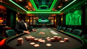 GemBet casino table with elegant dealer, vibrant atmosphere, colorful chips, and dramatic lighting.