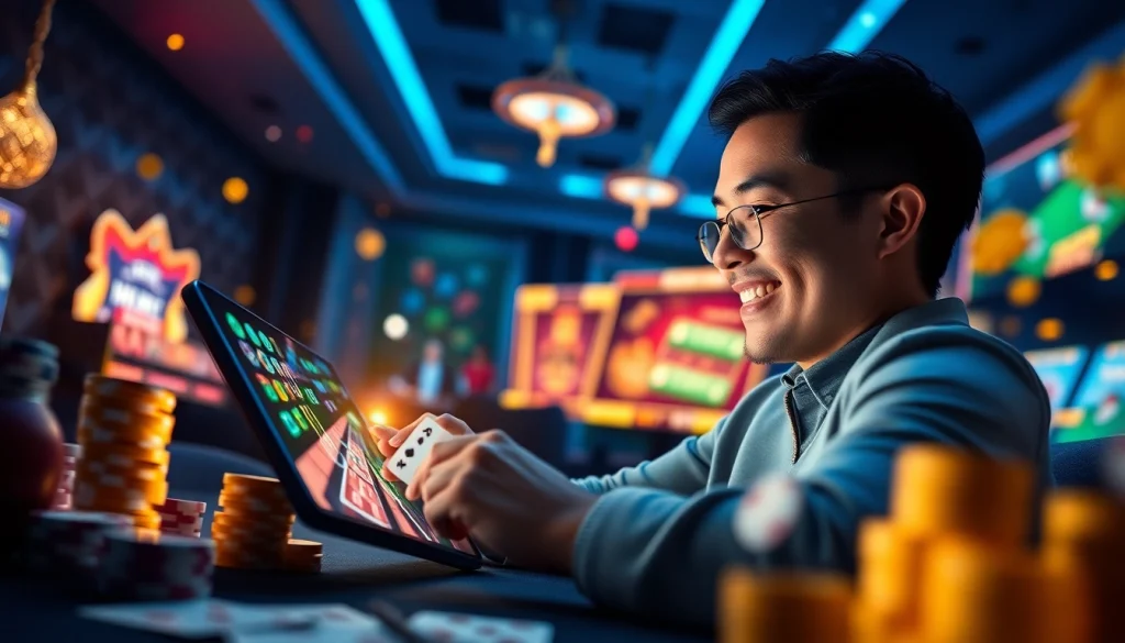 User enjoying the mm88 online gaming experience with vibrant casino elements.