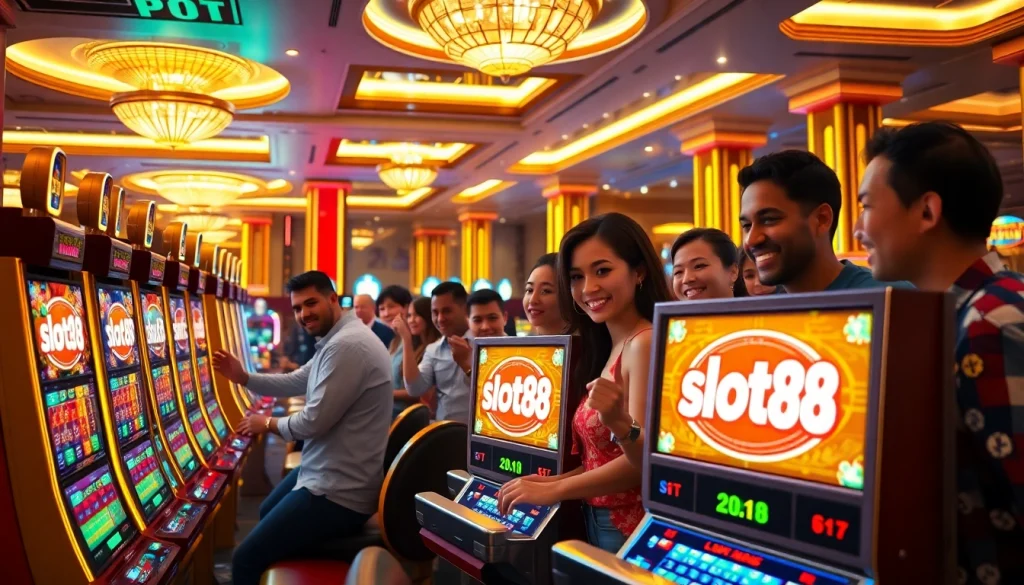 Pemain menikmati pengalaman mereka di mesin slot88 dalam suasana kasino yang meriah.