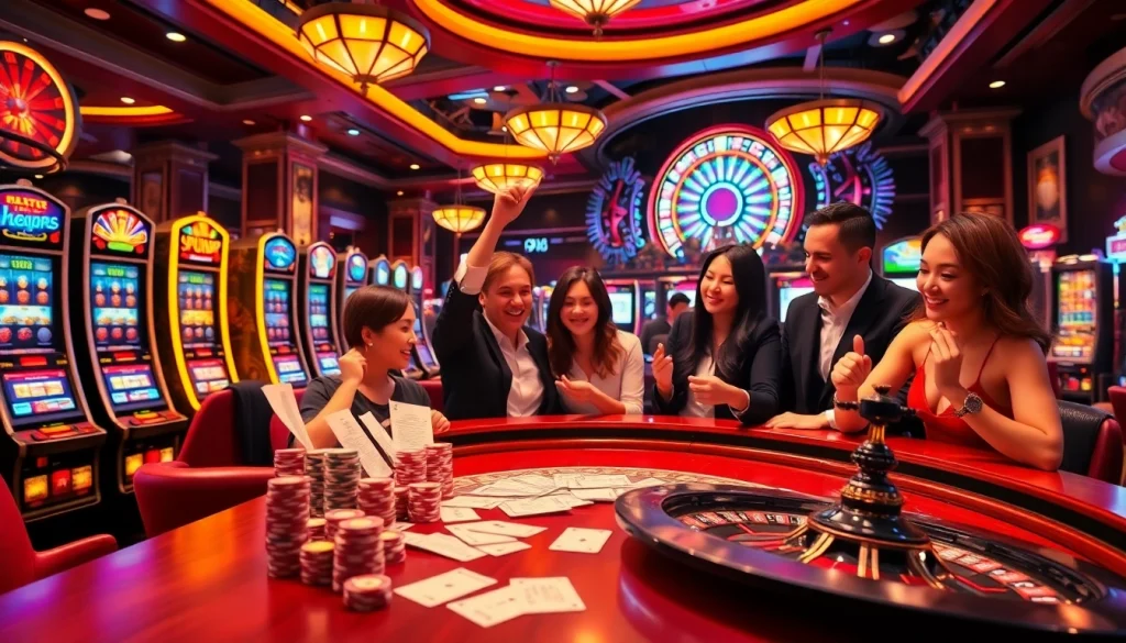 Pemain menikmati permainan slot88 yang penuh warna di lingkungan kasino mewah dengan dekorasi yang hidup.