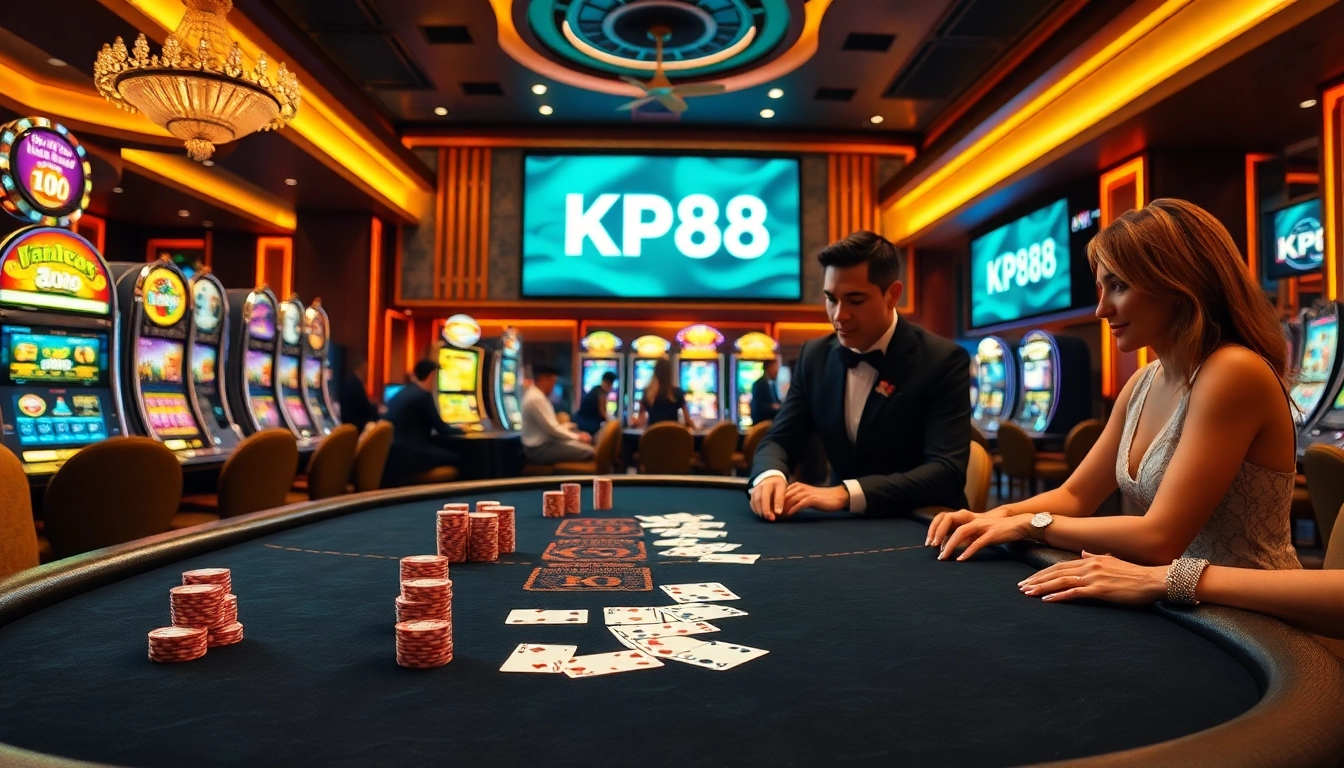Players at a KP88 poker table celebrate their winnings in a luxurious casino setting.