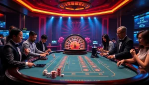 Players enjoying the Tài xỉu md5 game at a lively casino table, capturing the excitement and strategy of gambling.