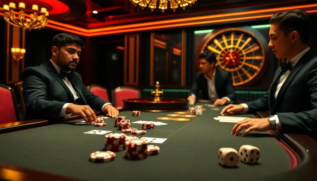 Players enjoy a thrilling game at a GO8-themed casino poker table with vibrant chips and cards.
