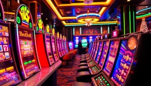 Engage with the exciting bro138 slot at a luxurious casino, featuring vibrant slot machines.