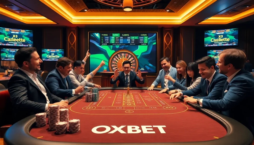 OXBET gaming table with players enjoying high-stakes poker and roulette