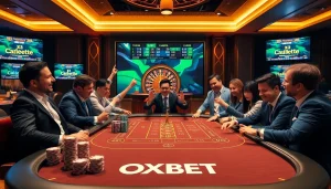 OXBET gaming table with players enjoying high-stakes poker and roulette