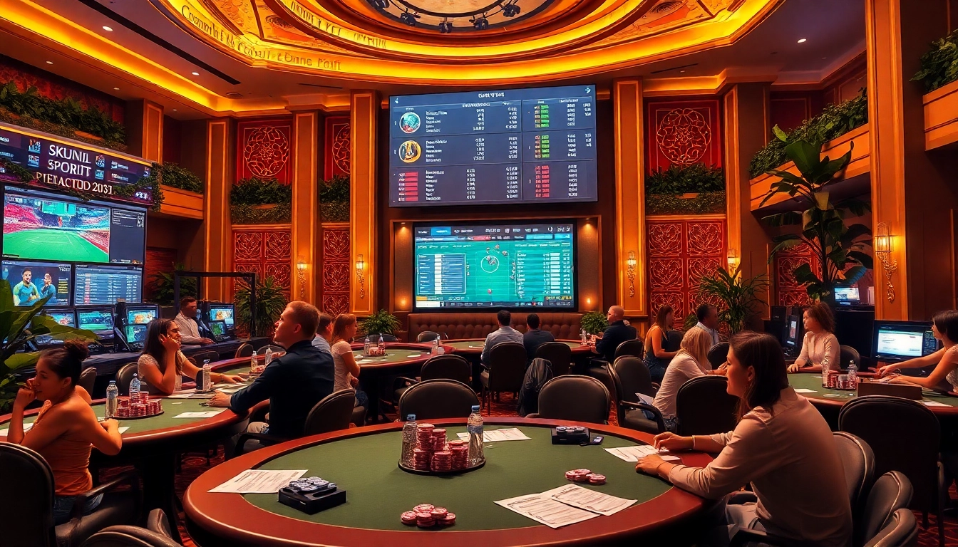 Experience thrilling action at Judi Bola Piala Dunia 2031 sports betting tables in a luxurious casino setting.