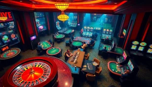 Exciting gambling action at trang chủ 79king's casino with players at poker and roulette tables.