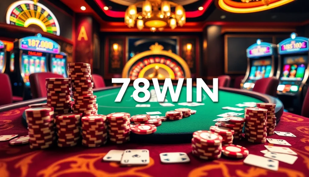 Experience excitement at 78WIN with a detailed casino scene featuring vibrant poker chips and roulette.