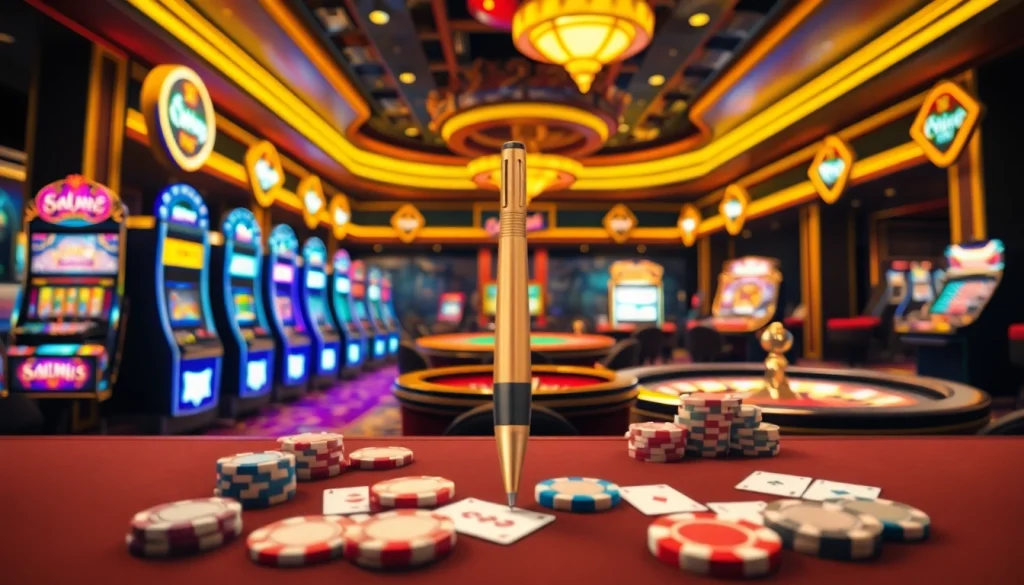 PEN 4D-themed engaging casino scene with vibrant slot machines and poker tables.