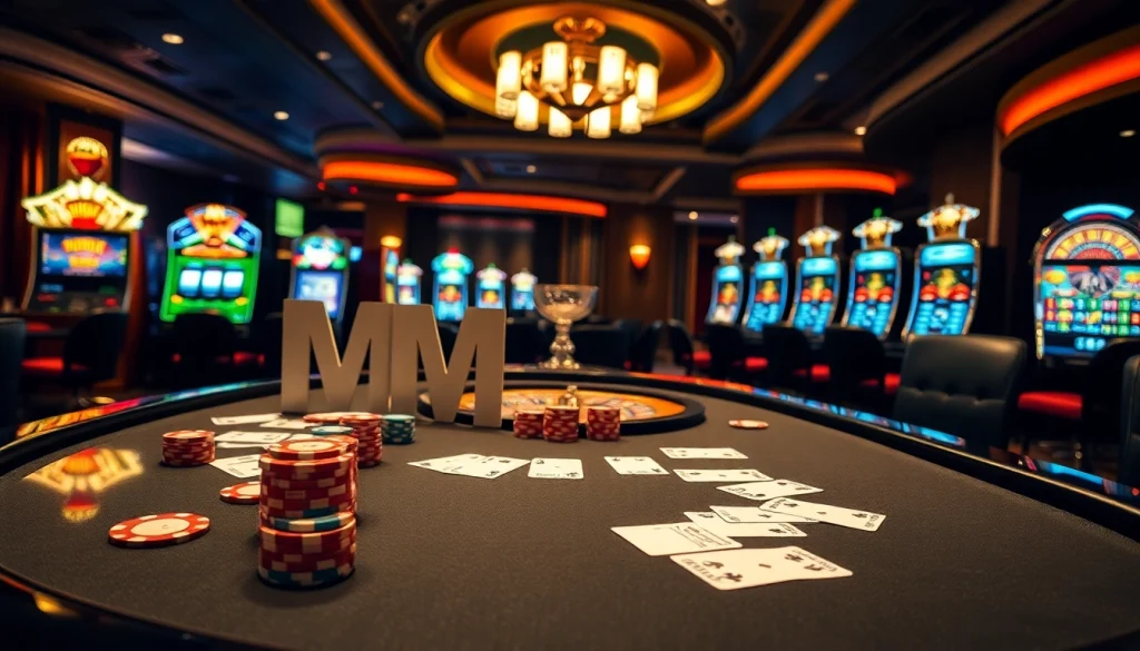 Experience thrilling poker action at MM OO's luxurious casino table with vibrant chips and cards.