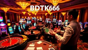 Experience the excitement of BDTK66 in a bustling casino with vibrant gaming tables.