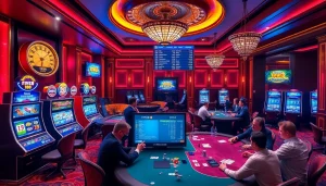 five88 casino scene showcasing exciting slot machines, roulette table, and engaged players