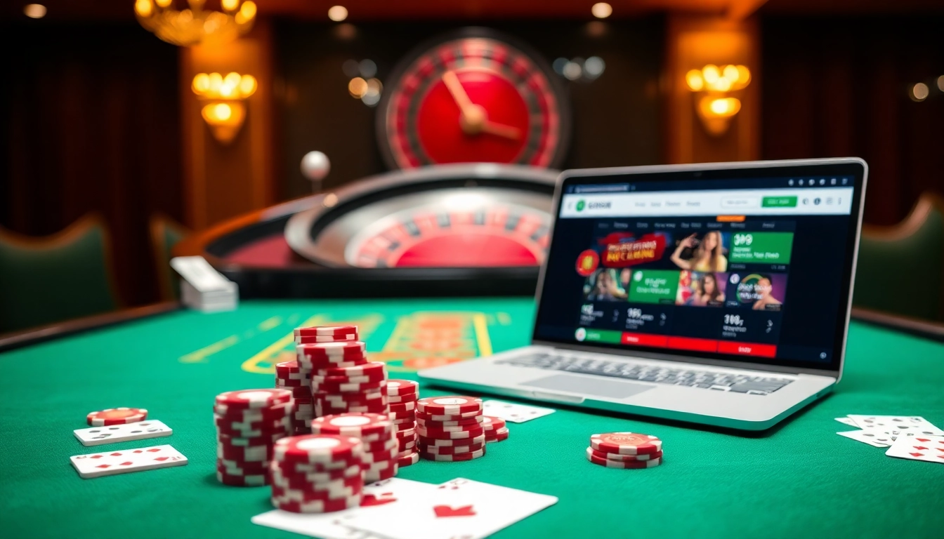 Lô Đề Trực Tuyến gaming interface with vibrant casino elements artfully arranged on a luxurious gambling table.