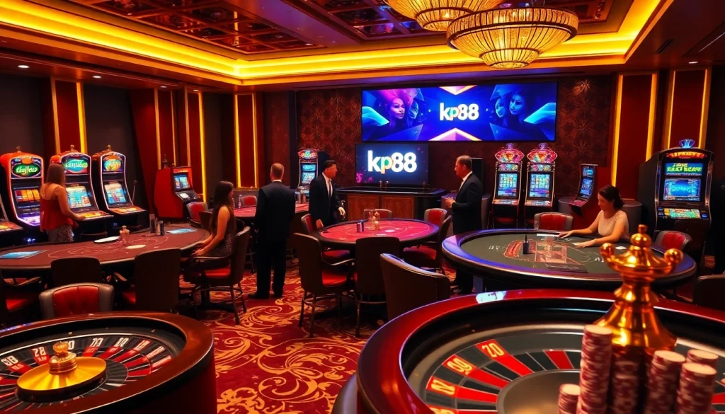 Experience high-stakes poker at kp88 casino, featuring elegant dealers and vibrant slot machines.