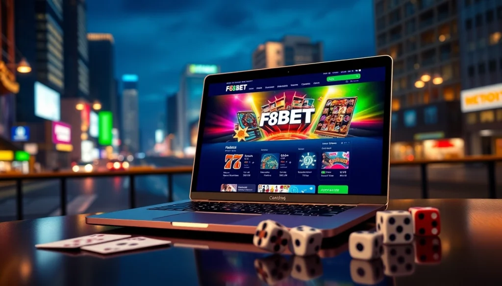 Engaging online gambling scene featuring F8BET.io on a sleek laptop with casino elements.