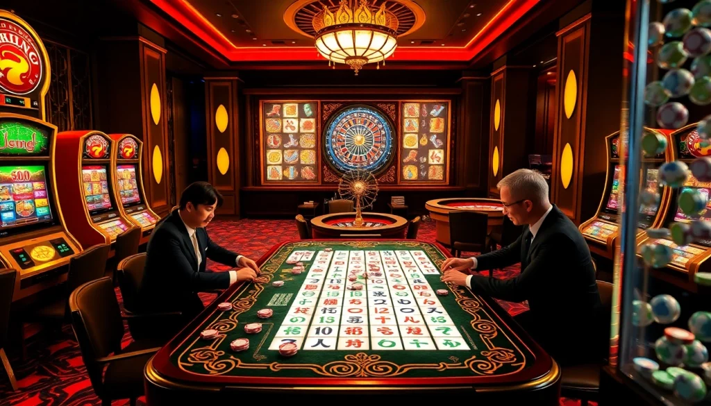 Players enjoying Slot Mahjong at an elegant casino table, surrounded by engaging gambling elements.