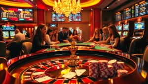 Gambling excitement at DH88 with roulette, poker chips, and slot machines.