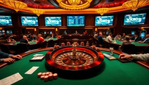 Engage in high-stakes gaming at a luxurious kqbd casino with vibrant tables and a classic roulette wheel.