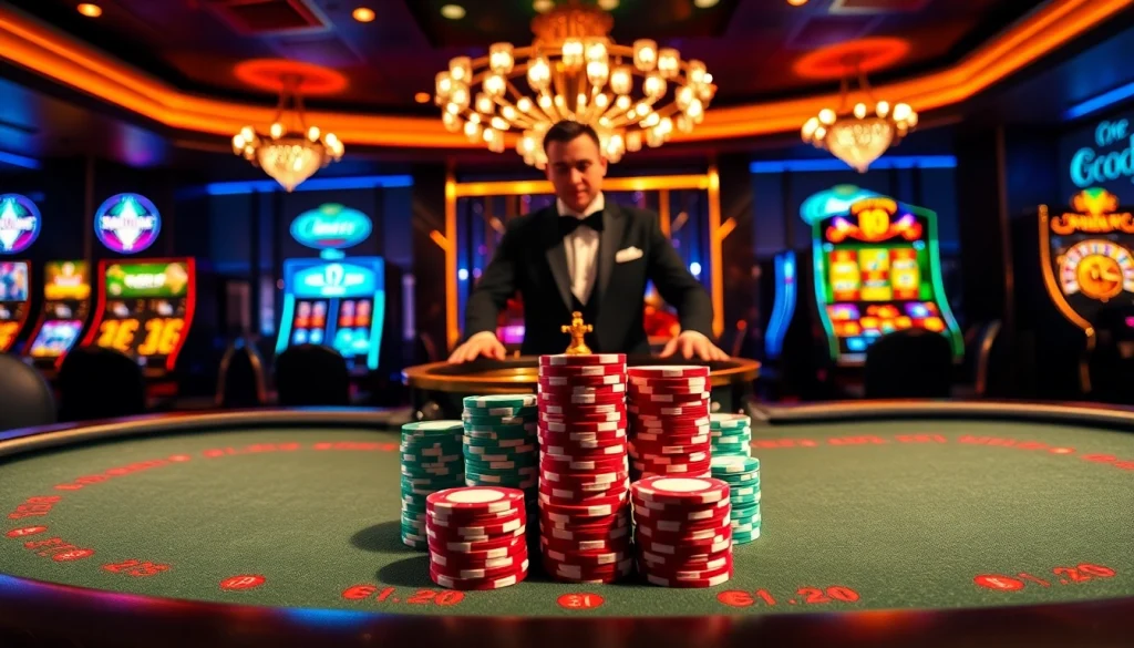 Players engaging in a lively game at https://onew88.com/, showcasing chips, cards, and a roulette wheel.