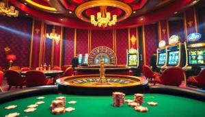 Players enjoy high-stakes poker at Go 99's luxurious casino, surrounded by vibrant slot machines and roulette tables.