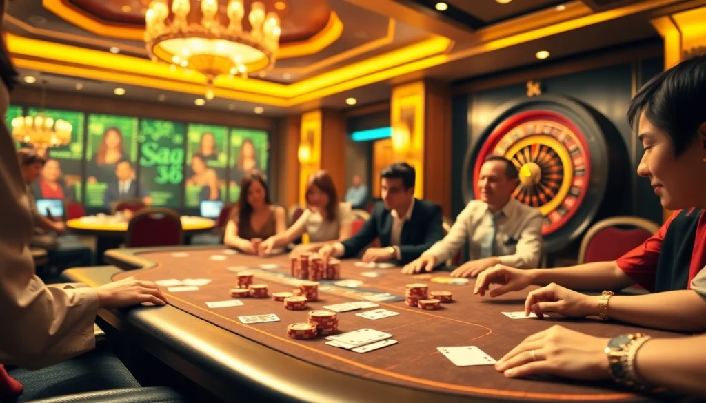 Players enjoying a high-stakes poker game at a vibrant SA88-themed casino table.