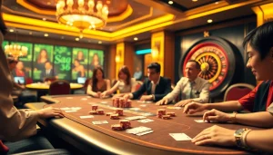 Players enjoying a high-stakes poker game at a vibrant SA88-themed casino table.