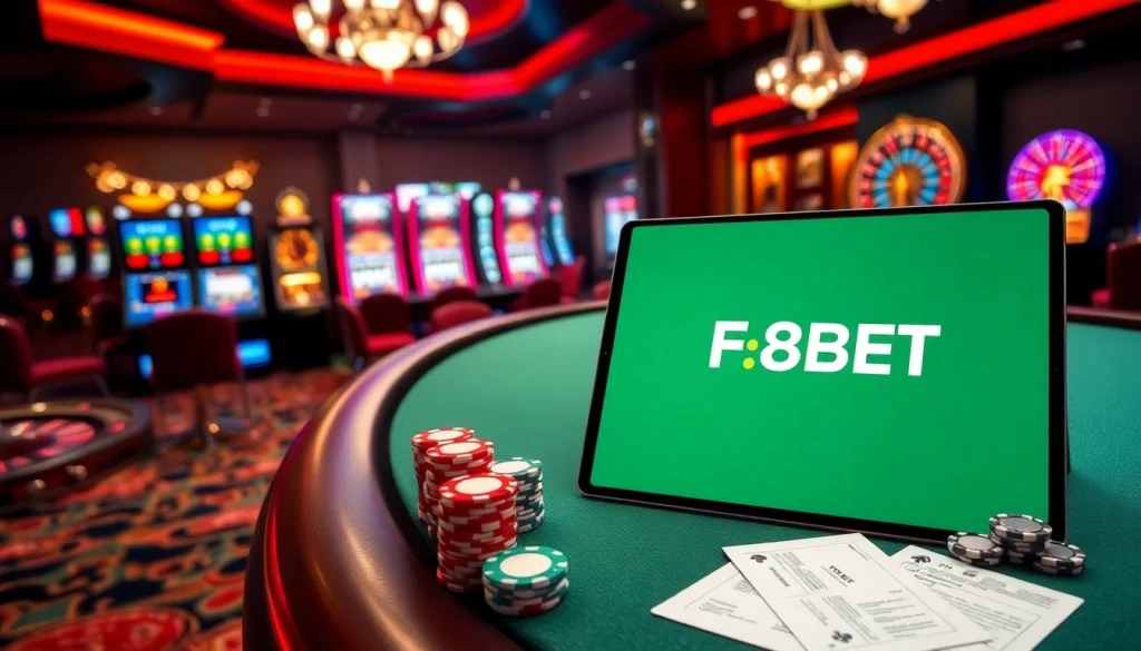 Experience F8BET's vibrant casino atmosphere with poker tables and exciting betting options.