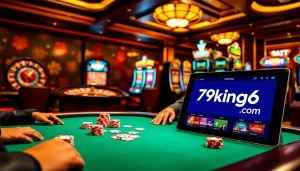 Engaging poker table scene featuring 79king6.com with chips and cards illuminated in a high-stakes environment.