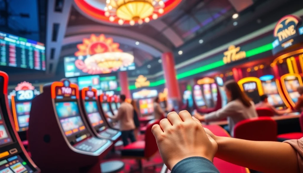 Exciting gambling scene at 77win casino, featuring players engaging with vibrant gaming tables and displays.