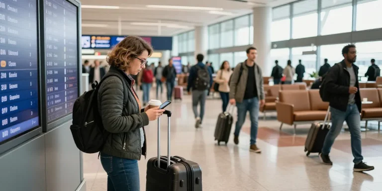 Traveler checking AA 88 flight status in a busy airport terminal with diverse crowds.