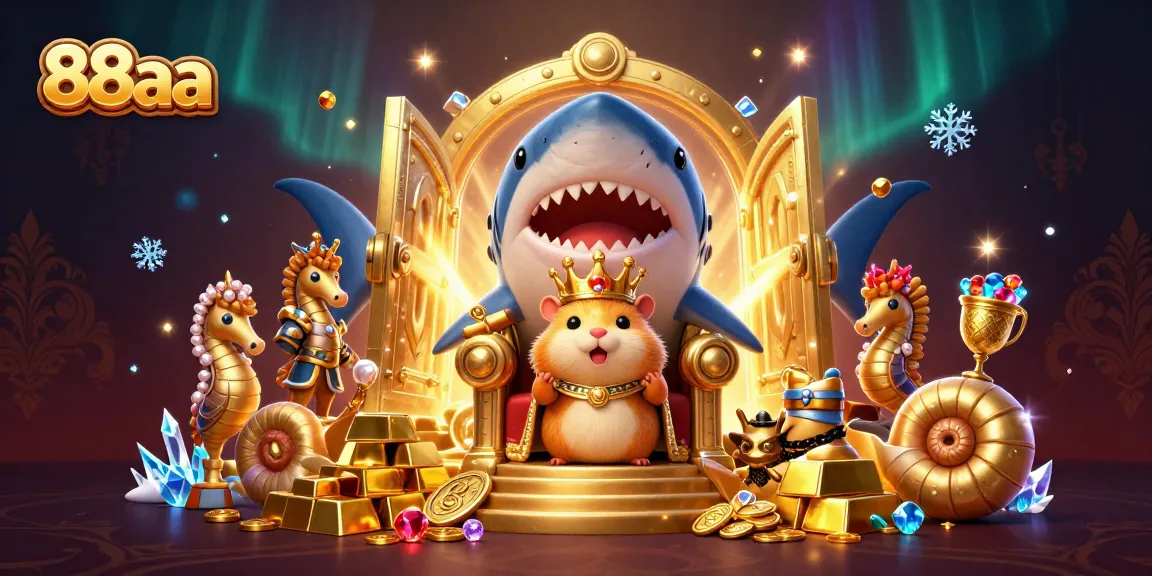 Engage with 88aa's vibrant casino scene featuring a golden hamster king surrounded by treasures.