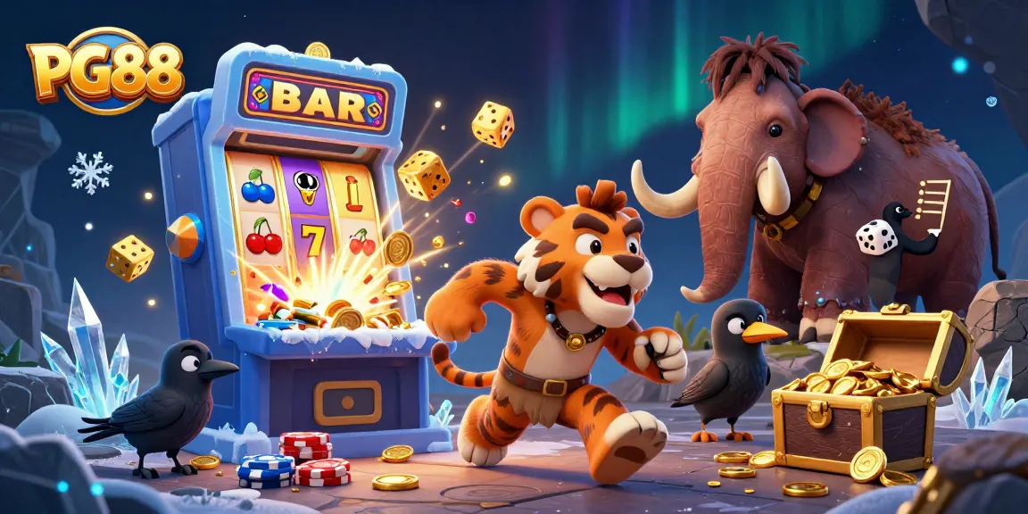 Experience PG88's thrilling casino world with a 3D illustration of vibrant games and characters bursting with excitement.
